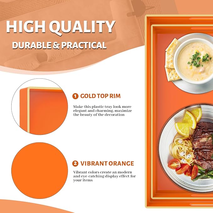 Orange Serving Tray with Handles, Plastic Decorative Tray Set of 2 | Decorative - Image 3