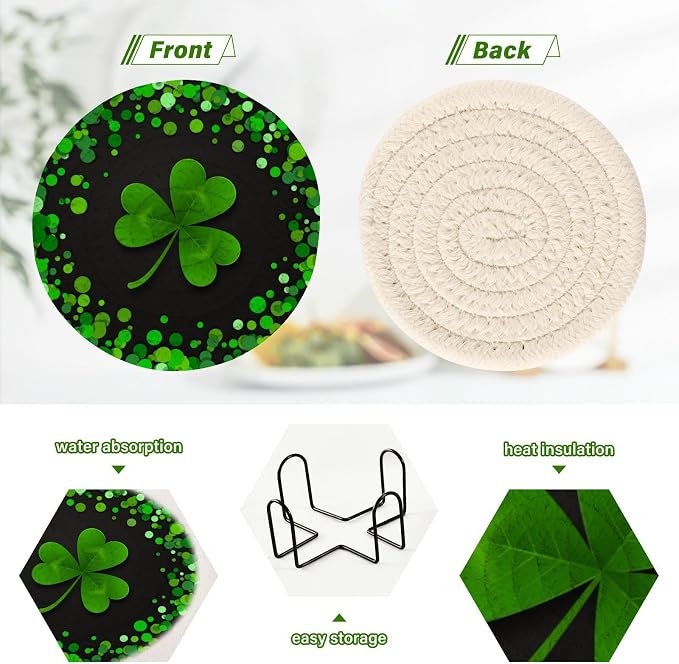 YETTASBIN St. Patrick's Day Shamrock 6 Pcs Drink Coasters - Image 4