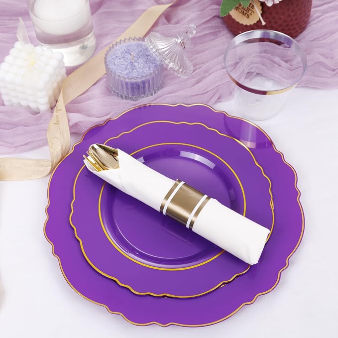 350PCS Purple Plastic Plates-Disposable Purple and Gold Plates 50 guest Baroque - Image 4