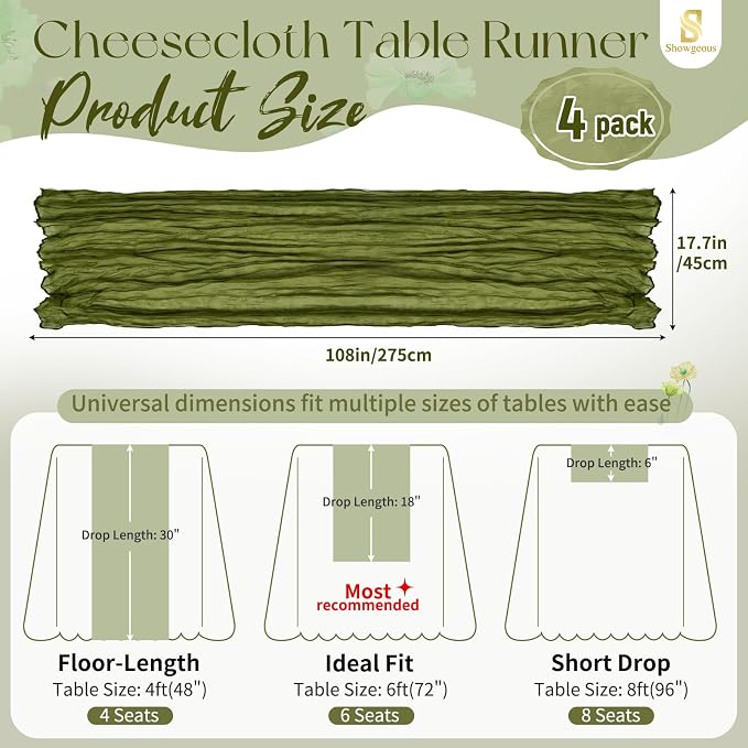 Showgeous 4 Pack Olive Green Cheesecloth Table Runner, 17 x 108 Inches | Boho - Image 2