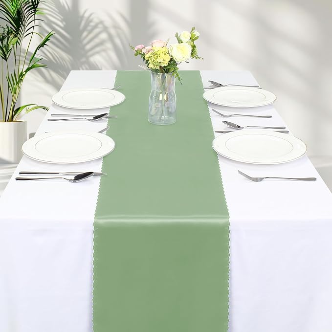 VACVELT Sage Green Satin Table Runners, 12x72 Inch, 12 Pack, Scalloped Edge | - Image 8