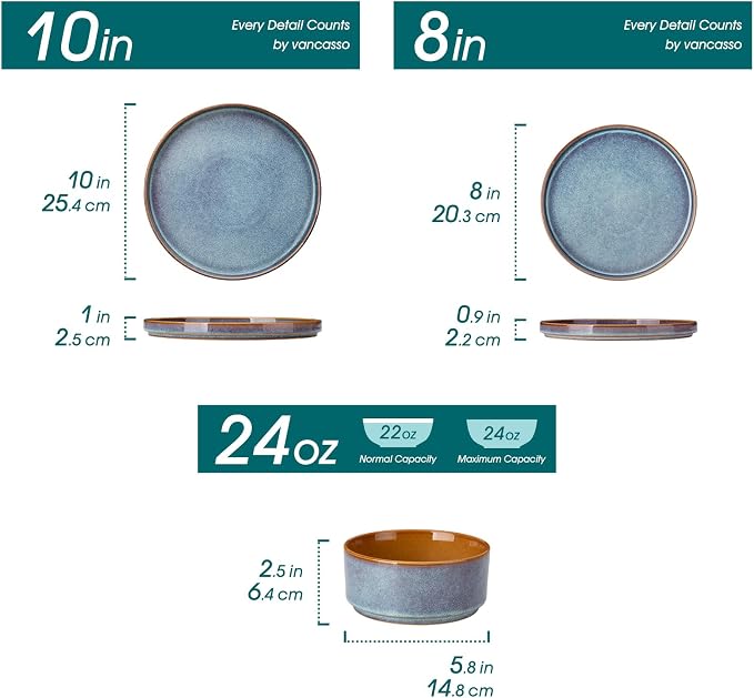 vancasso ONION Ceramic Plates and Bowls Sets, 24 Pieces Blue Dinnerware Sets - Image 2