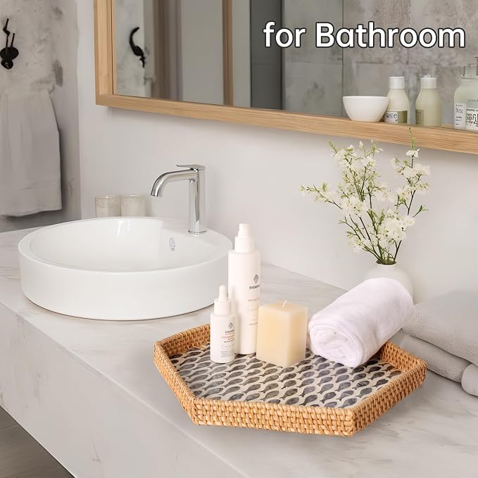 Hexagon Rattan Tray with Mother of Pearl Inlay, Rattan Serving Tray - Image 8