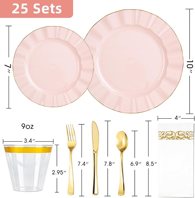 175PCS Pink Plastic Dinnerware Set, Wavy Plates - Image 3