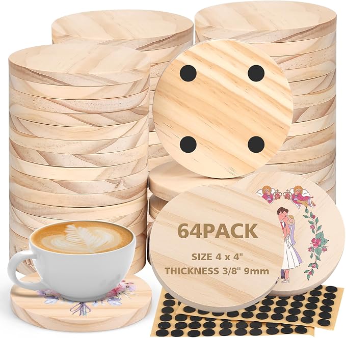Adrattnay 64Pcs Unfinished Wood Coasters, 9mm Blank Wood Coasters Bulk by WOODEXPERT