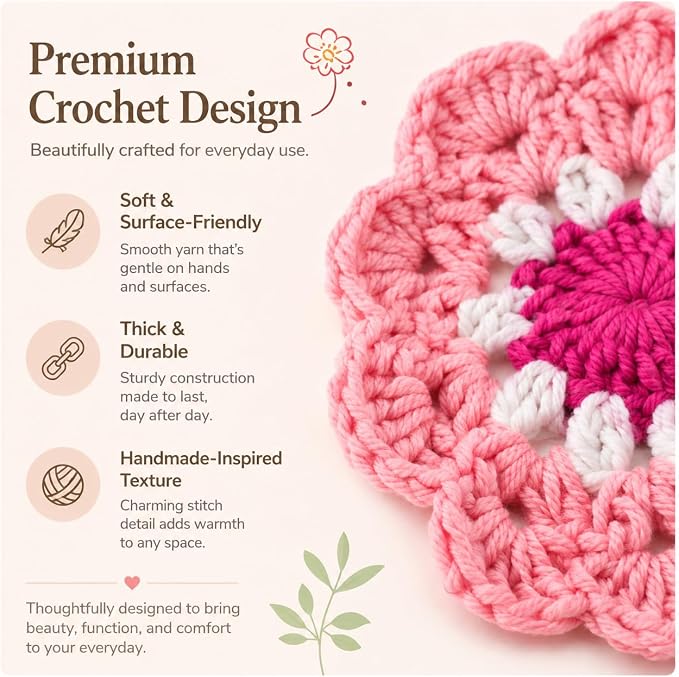 Coasters for Drinks Set of 5, Cute Flower Crochet Drink Coasters for Coffee - Image 5