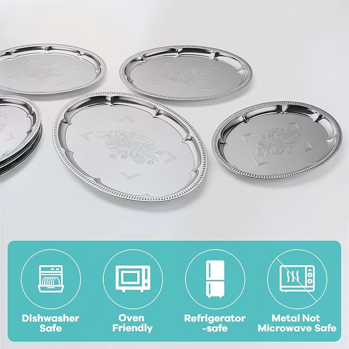 6-Pack Large Silver Serving Trays – Oval Floral Engraved Serving Platters - Image 5