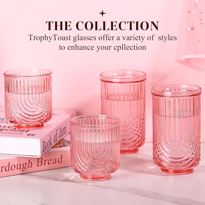 Pink Vintage Drinking Glasses Set of 6-17oz Hand-Blown Highball Ribbed Glassware - Image 7