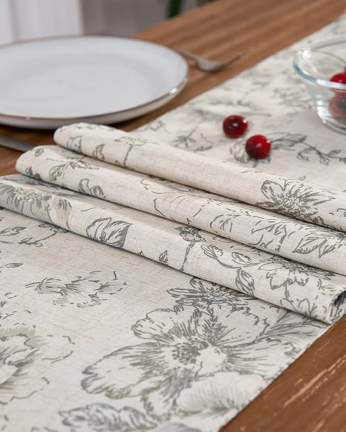 jinchan Grey Floral Linen Table Runner 13 x 90 Inch Farmhouse | Neutral - Image 6