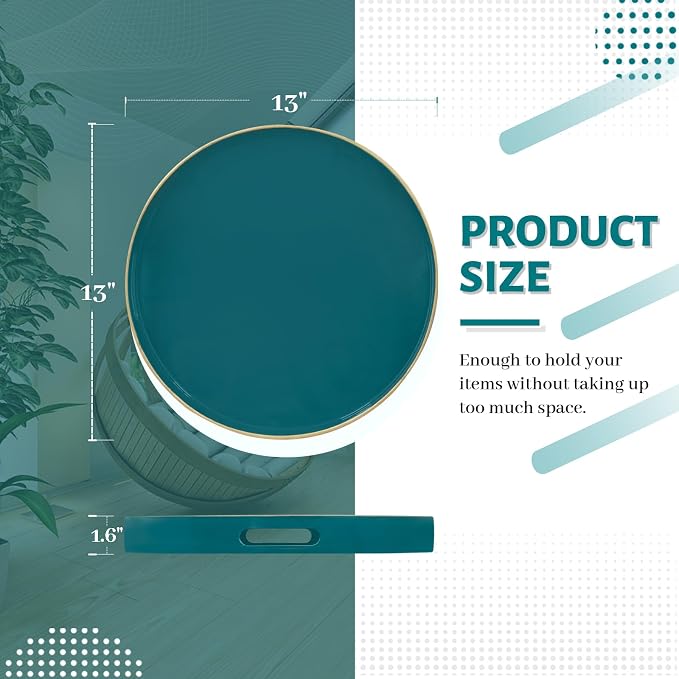 13" Teal Decorative Tray, Plastic Round Serving Tray - Image 2