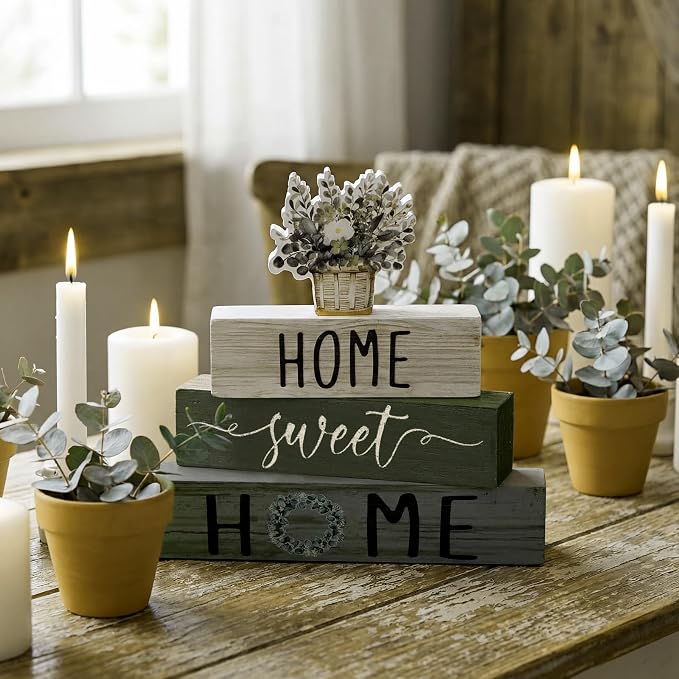 Cinnvoice 4 Pcs Farmhouse Wooden Tabletop Decor Green Eucalyptus Leaves Spring - Image 2
