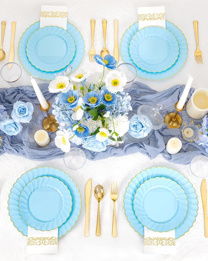 YOUBET 175PCS Light Blue Scalloped Plastic Plates - Image 5