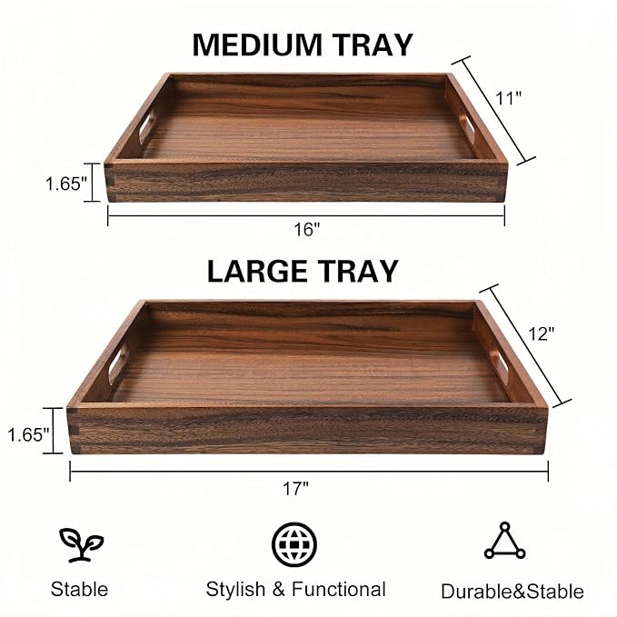 2Pack Acacia Wooden Serving Tray17x12 Nesting Ottoman Trays - Image 3