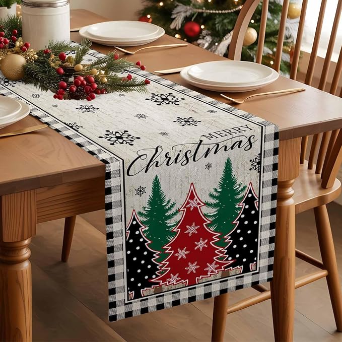 Christmas Trees Table Runner 48 Inches Long, Xmas Snowflake Retro Table Runners - Image 3