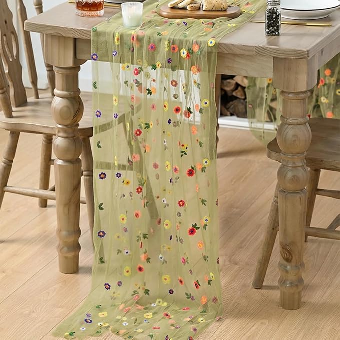 Artoid Mode Green Embroidery Daisy Gauze Table Runner 59x120 Inch 10FT | - Image 4