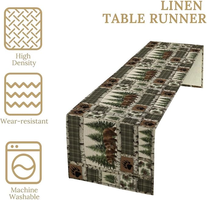 Vintage Rustic Cabin Moose Deer Bear Table Runner, Retro Bear Cottage Country - Image 4