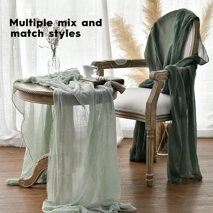 Artoid Mode Boho Sage Green Gauze 6 Pieces Wedding Table Runner, 120 Inch - Image 4