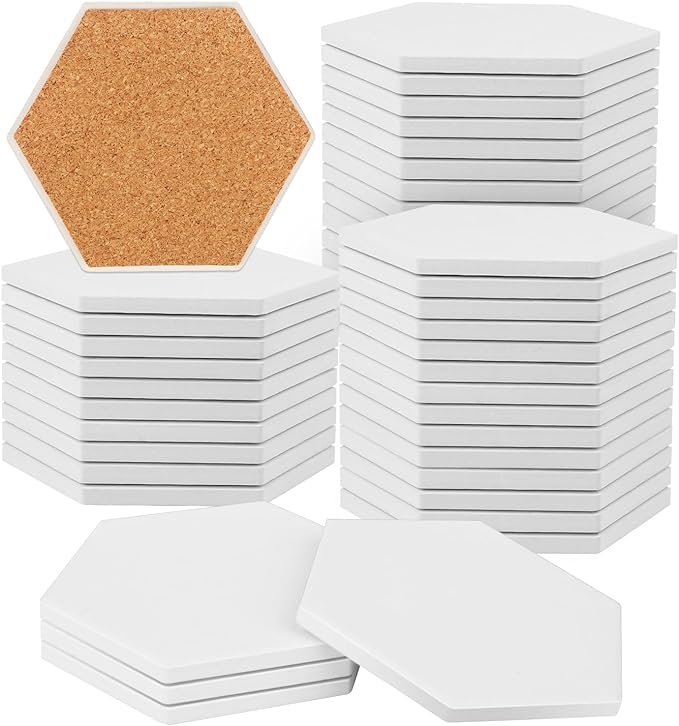 50 Pieces 3.75 Inch Hexagon Blank Ceramic Coasters, Unglazed Ceramic Tiles by GNIEMCKIN