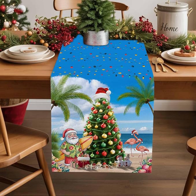 Coastal Christmas Table Runner 72 Inches Long, Xmas Tree Santa Beach Table - Image 2