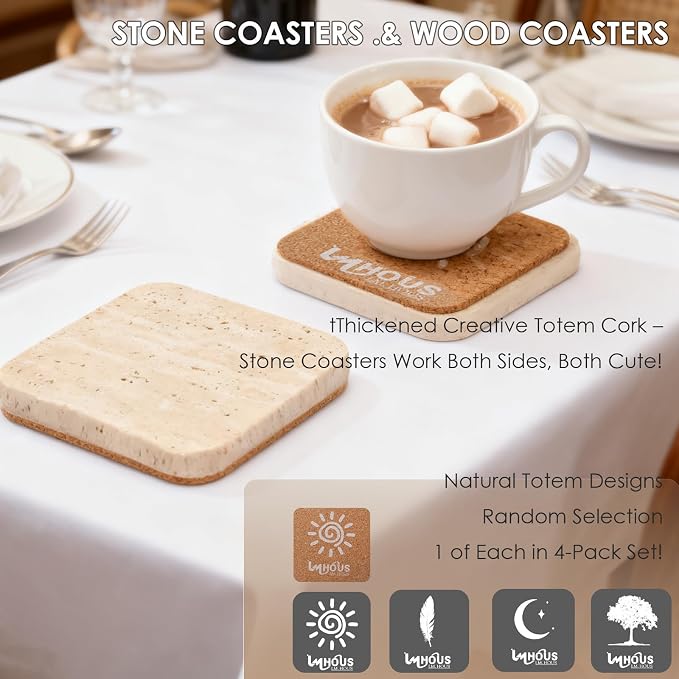 Single Stone Coaster Natural Travertine, Wood Desk Drink Coasters - Image 4