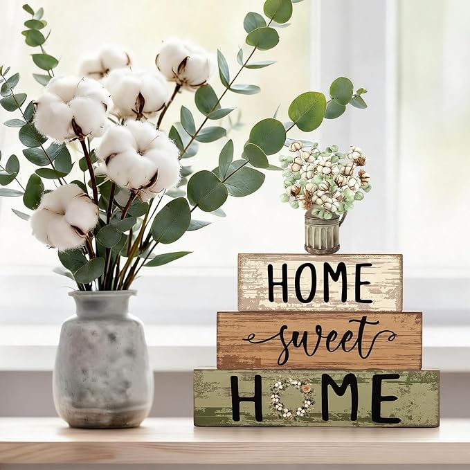 Cinnvoice 4 Pcs Spring Cotton and Eucalyptus Wooden Block Decor Farmhouse - Image 6