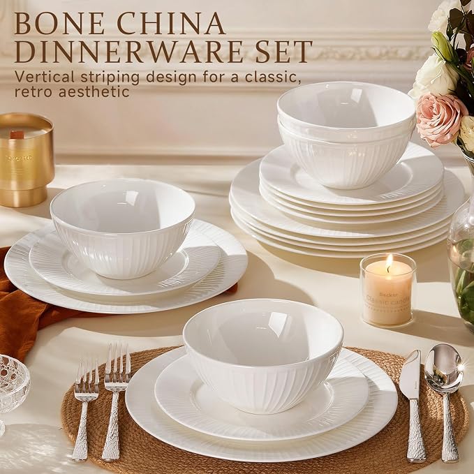 12Pc Textured White Bone China Set Service - Image 4