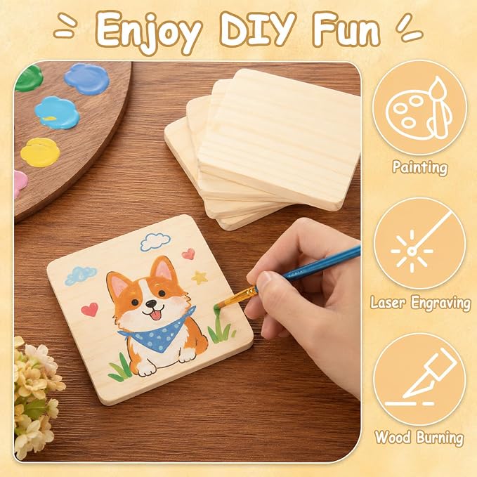 CYEAH 50 Pack Unfinished Square Wood Coasters, 4 Inch Blank Wooden Coasters - Image 6