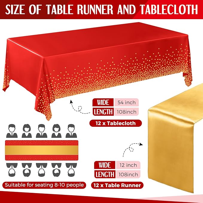 24 Pack Red and Gold Disposable Plastic Tablecloths and Satin Table Runner Set - Image 2