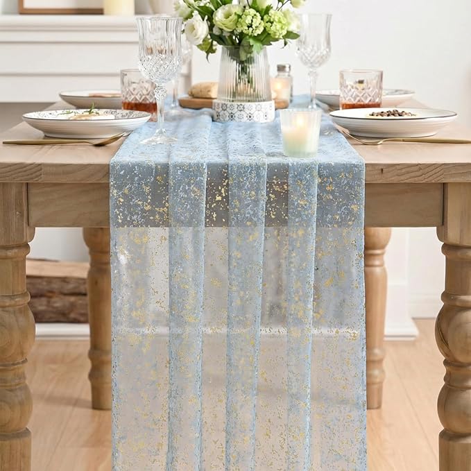 Artoid Mode 6PC Gold Gauze Light Blue Table Runner 120 Inch 10FT, Glitter - Image 2