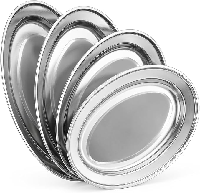 4 Pcs Stainless Steel Serving Tray, 11.8" 12.6" 13.4" 15.7" Heavy Duty Metal by ENIPEDITA