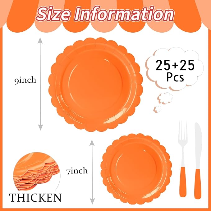 50 Pcs Orange Scalloped Paper Plates 25 × 7'' and 25 × 9'' Disposable Orange - Image 3