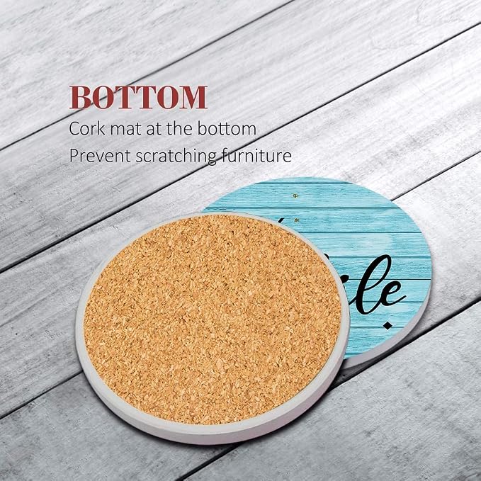 Coasters for Drinks, Ceramic Stone, Teal Blue | Beach Wood Antique Absorbent - Image 2
