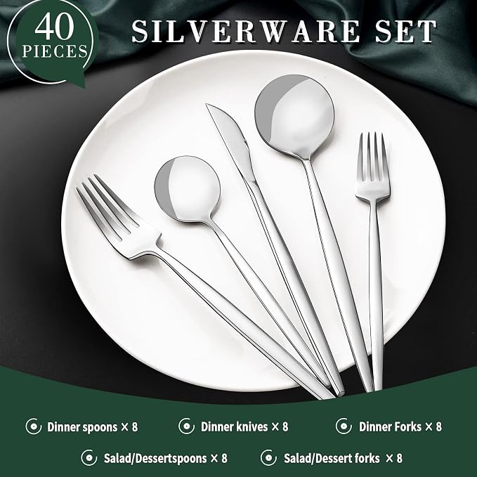40-Piece Silverware Set for 8, CEKEE Stainless Steel Flatware Cutlery Set - Image 2