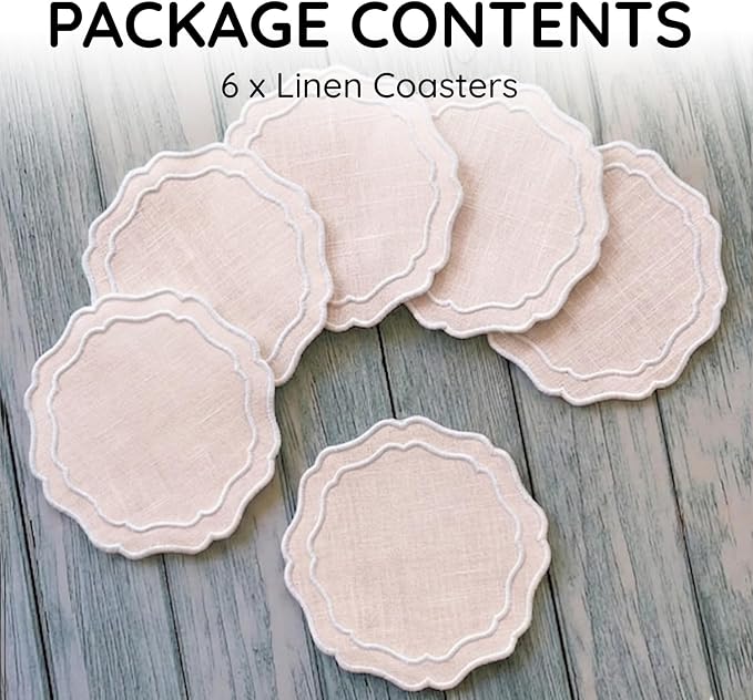 Drink Coasters Set of 6, 6x6 inch, Absorbent Linen Drink Mats - Image 2