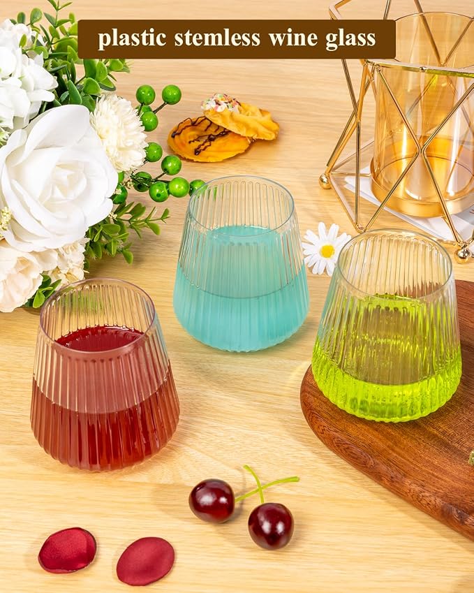 Goodluck 80 Pack 12oz Stemless Plastic Wine Glasses – Clear Ribbed Cups | - Image 4