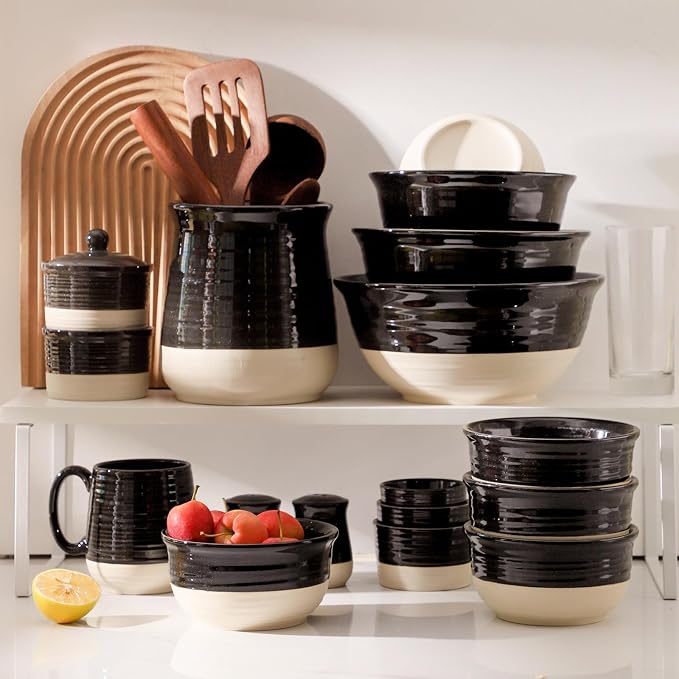 HASENSE Ceramic Cereal & Soup Bowls Set of 6, 20 Oz Black & Beige Stackable - Image 6