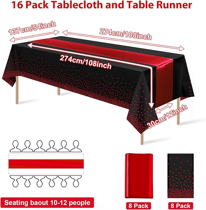 16Pack Disposable Plastic Party Tablecloths and Satin Table Runner Set Black - Image 2