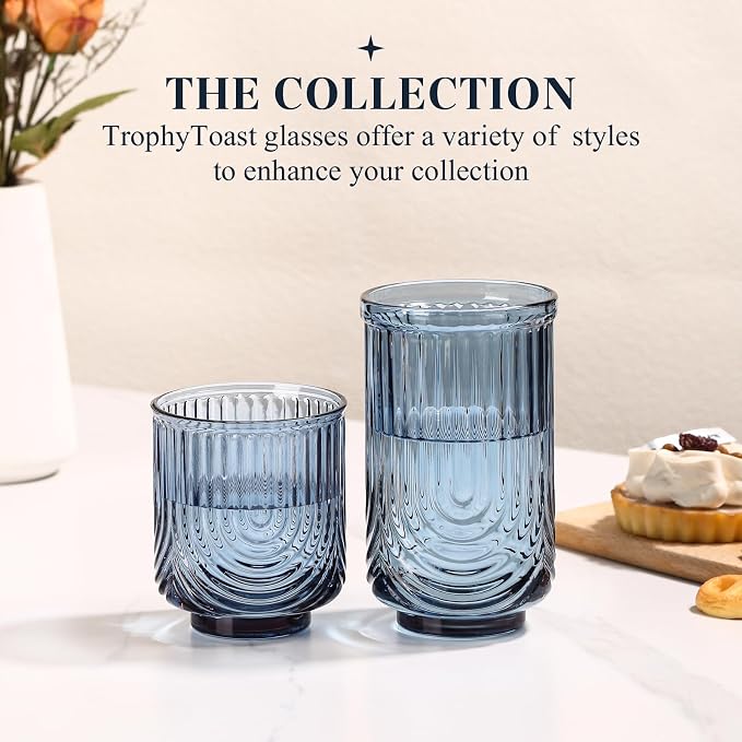 Blue Vintage Drinking Glasses Set of 6-17oz Hand-Blown Highball Ribbed Glassware - Image 6