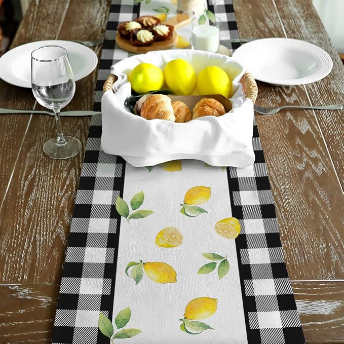Black Buffalo Check Summer Table Runner 13 x 108 Inch, Lemon Vase Spring - Image 5