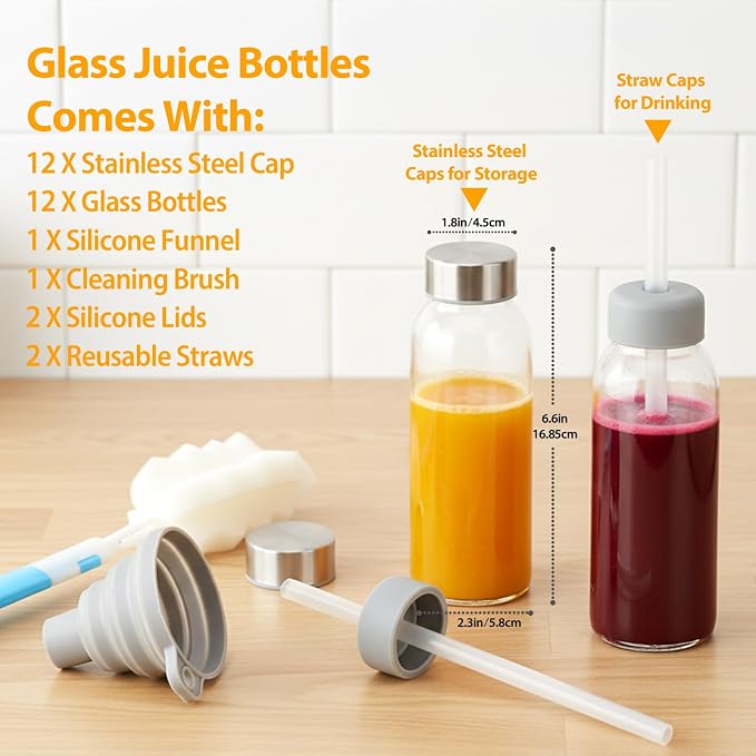 Sursip 10 oz Glass Juice Bottles, 12 Pack, Leakproof Stainless Lids | Reusable - Image 2
