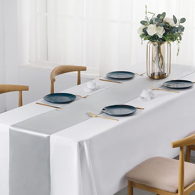 SiinvdaBZX 12 Pcs Silver Satin Table Runner 12 x 108 inches Long | Bright - Image 2