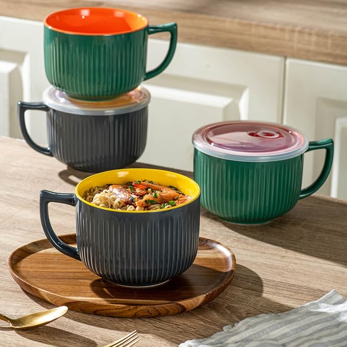 Ceramic Soup Bowl with Handle & Lid, Jumbo 38oz Microwave Ramen Bowl Gray | - Image 3