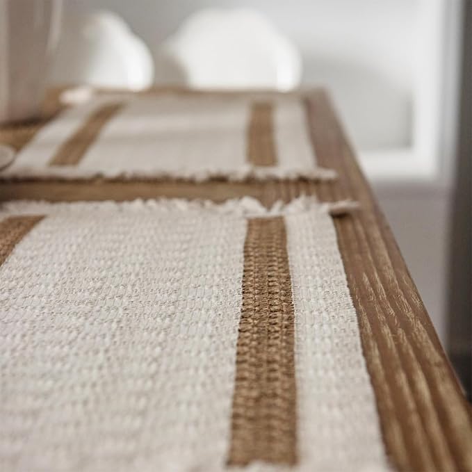 Boho Placemats Set of 8, 12x18 Inch Natural Cotton Burlap and Kitchen Woven - Image 2