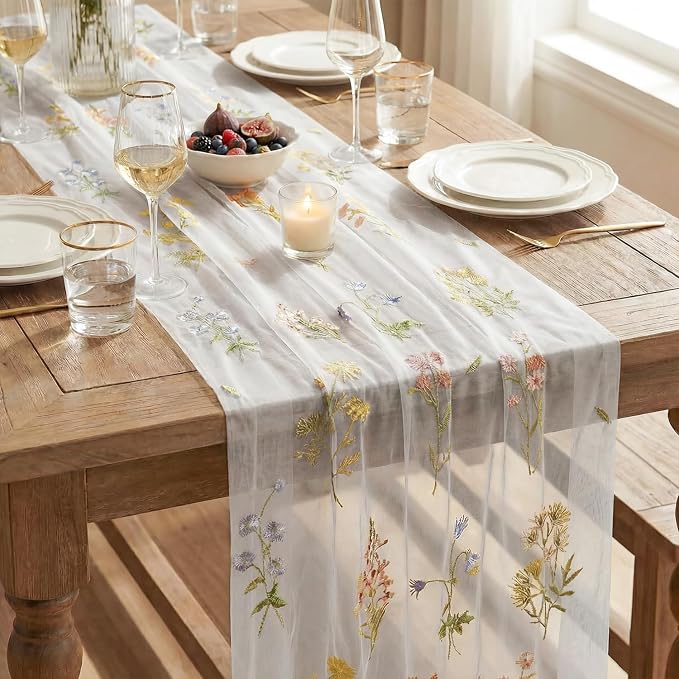 Artoid Mode 3PC Wildflower Floral Milky White Gauze Embroidery Table Runner 120 - Image 7