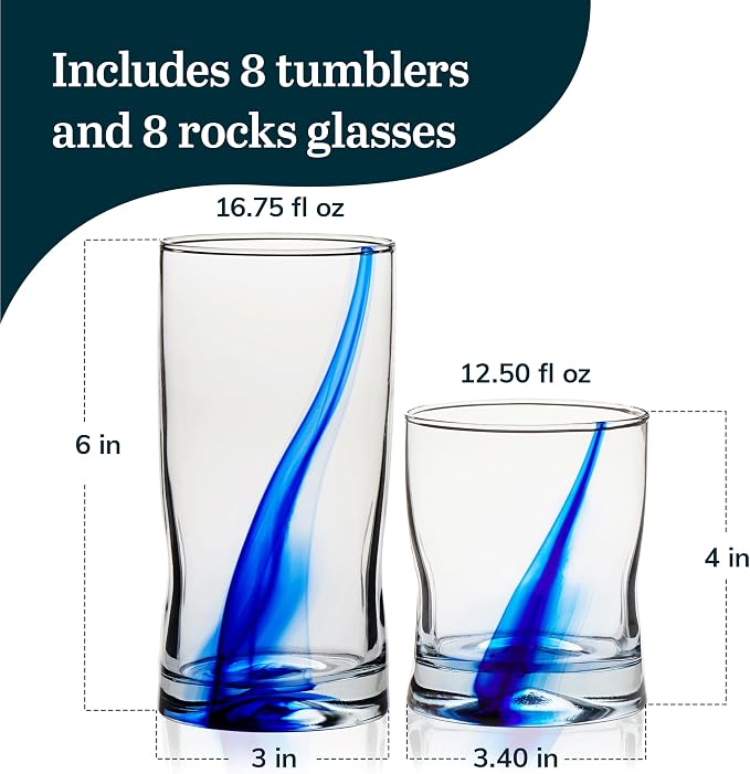 Blue Ribbon Tumbler & Rocks Drinking Glasses Set of 16, Dimpled Cups | 16.75 oz - Image 3
