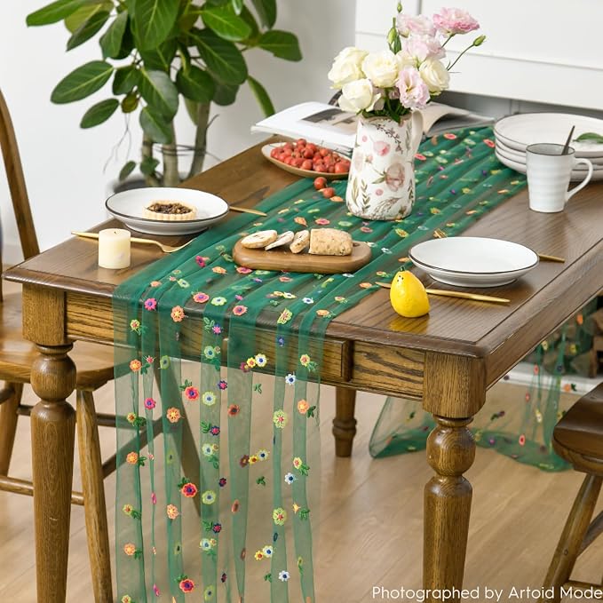 Artoid Mode 3PCS Dark Green Embroidery Daisy Gauze Table Runner 120 Inch | - Image 4