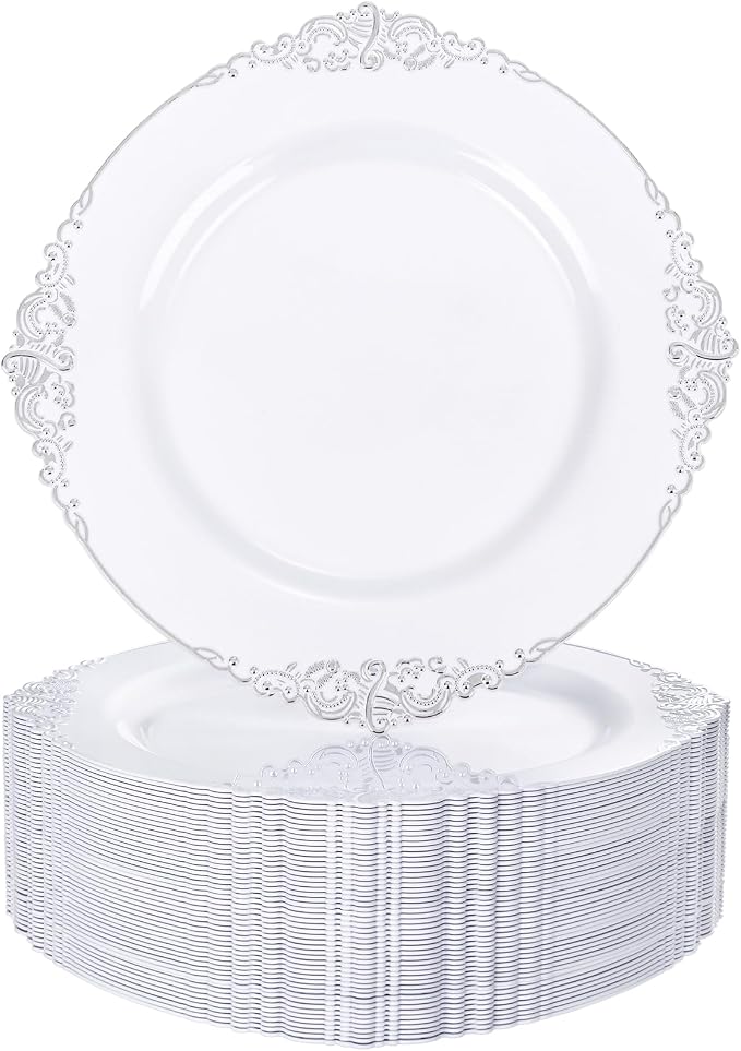 Nervure 100Pcs 10.25'' Silver Plastic Plates, Party Plates by Nervure