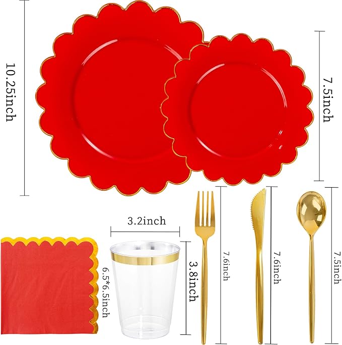 LIYH 210pcs Red Gold Scalloped Plastic Plates, Elegant Party Dinnerware | Heavy - Image 3