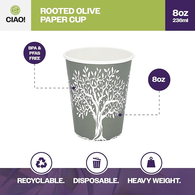 CIAO! 8oz Paper Hot Cup, Rooted Olive Print - Image 2