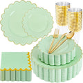 LIYH 210Pcs Gold Trim Sage Green Plastic Plates, Dinnerware Set by LIYHLoveinyourheart
